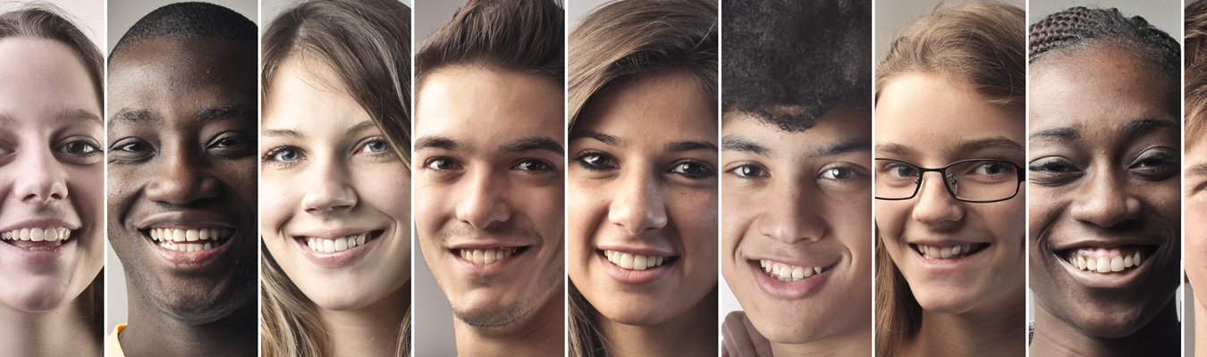 Faces of eight teens of different genders, races, and ethnic backgrounds are placed side by side. 