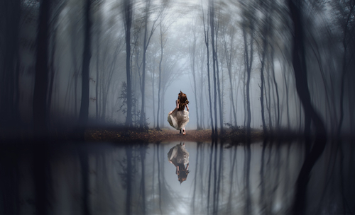 A woman in a white dress is running away into a swirly dark abyss after a night of too much drinking.